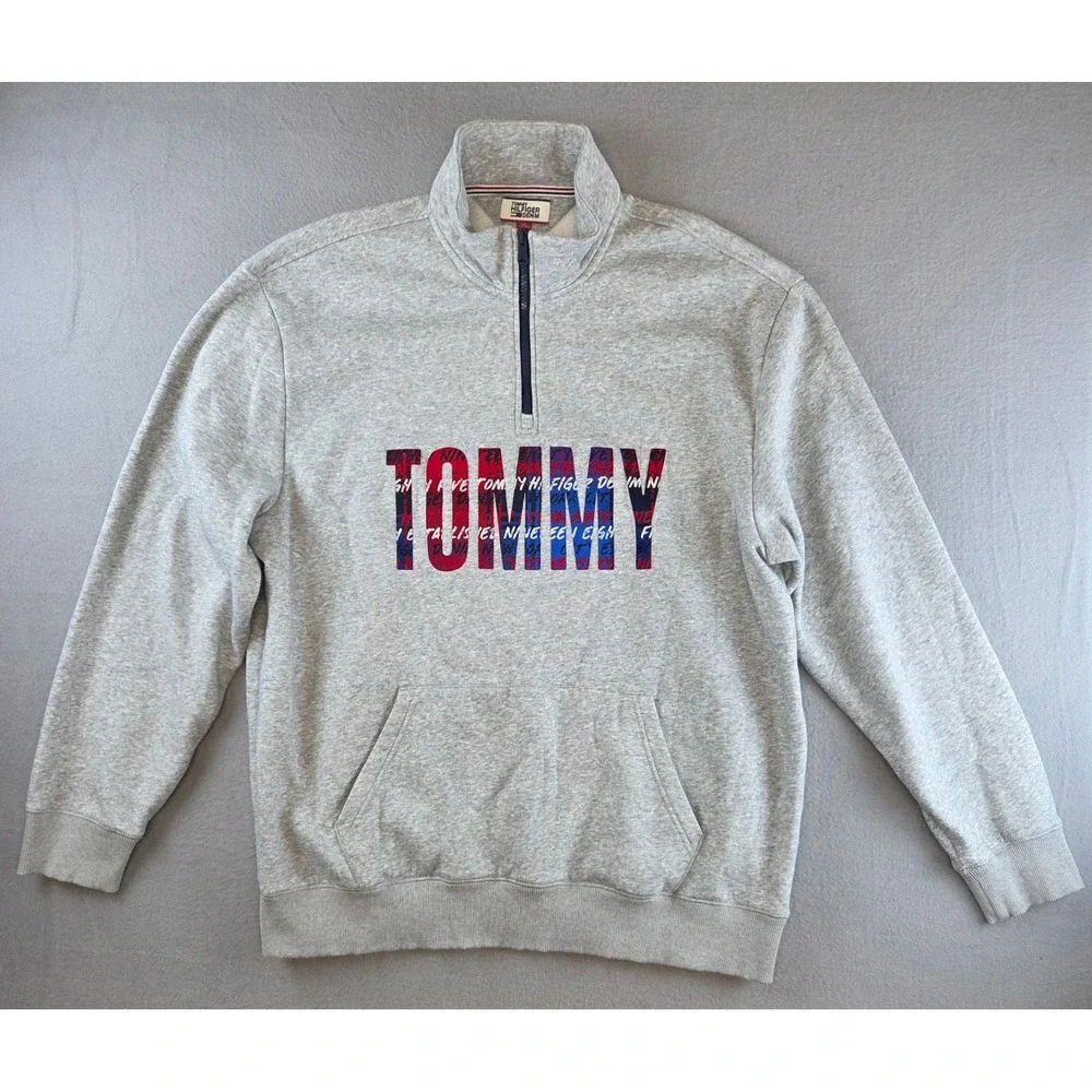 Tommy Hilfiger Mens XXL Quarter Zip Sweatshirt Gray Plaid Logo Spellout Pullover